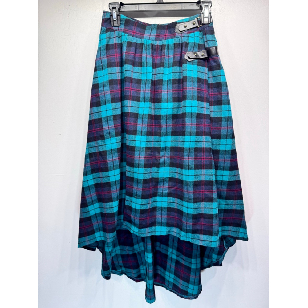 Turquoise Plaid High-Low Skirt with Buckle Detail NWOT